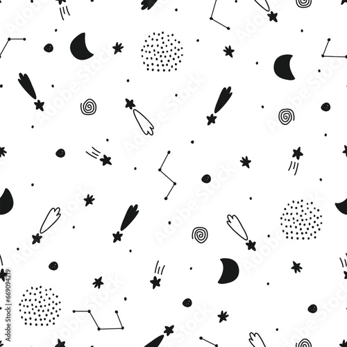 Baby seamless pattern space background with star on a white background hand drawn style cartoon design Use for print, wallpaper, decoration, textiles. Vector illustration © TEe Du
