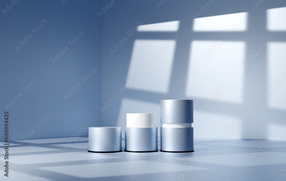 Podium, pedestal or platform, background for the presentation of cosmetic products. 3d podium. Place for ads. 3D rendering podium geometry with elements. Product presentation blank podium.