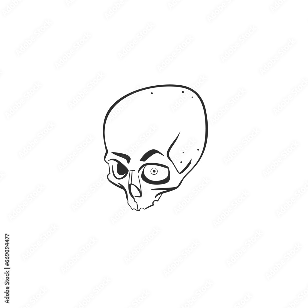 Hand drawn vector abstract graphic line art of Human skull silhouette outline ,isolated on white background. Vector hand drawn sketch illustration.Halloween human skull icon silhouette black .