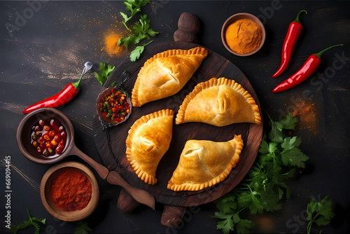 Colombian empanadas with hot chili and spices on a black background