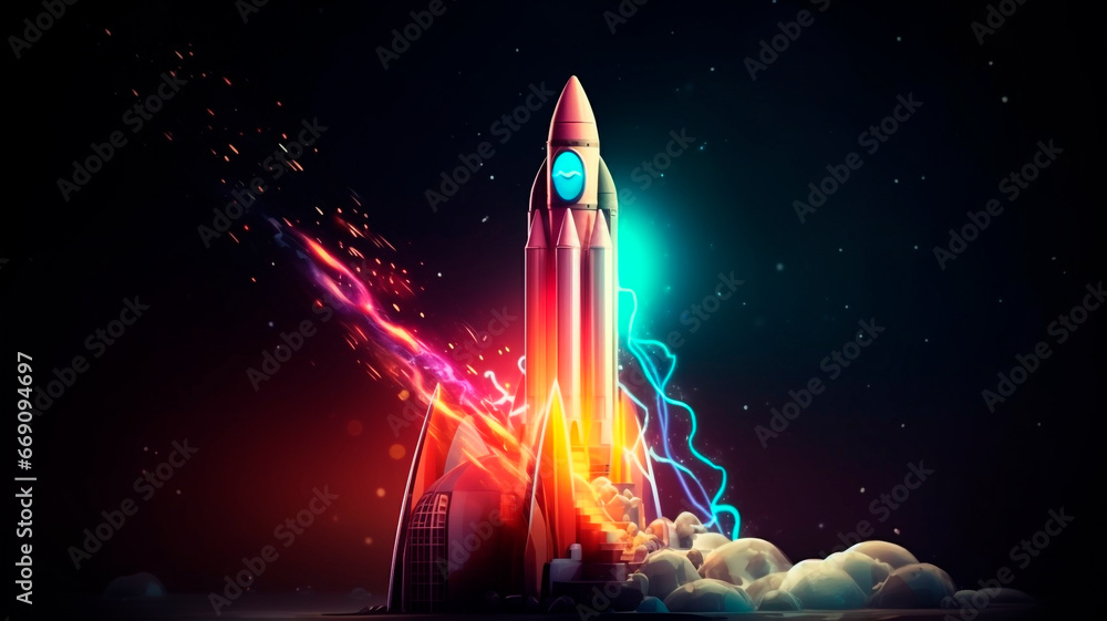 Obraz premium Illustrating progress through the ascent of a rising rocket, representing the journey of nurturing a startup from its inception to a path of continuous success and expansion. Generative AI