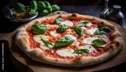Closeup of texture of mozzarella, margherita pizza and fresh basil leaves