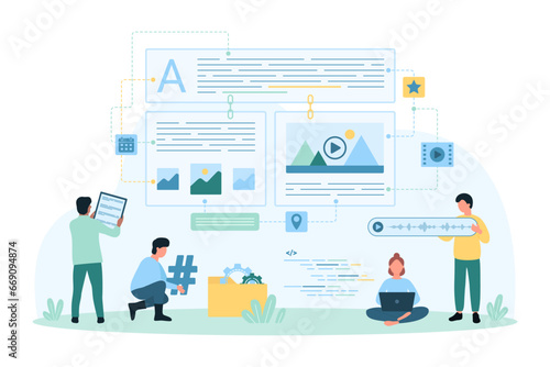 Blog content management and creation vector illustration. Cartoon tiny people update information in database with website service system, authors and admins manage text articles and documents online