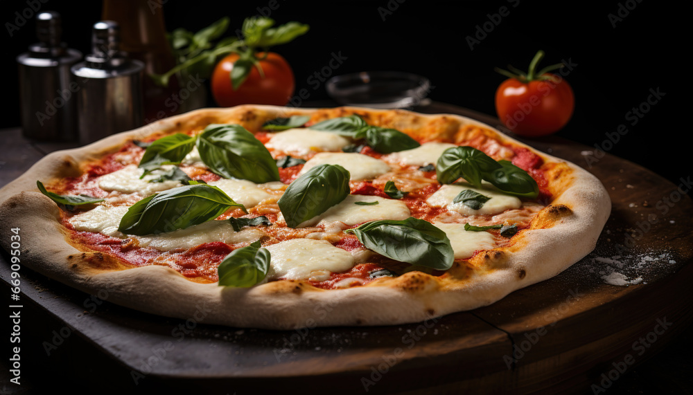 Closeup of texture of mozzarella, margherita pizza and fresh basil leaves