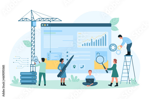 Website under construction vector illustration. Cartoon tiny people build new design and develop digital content, plan SEO data optimization and user friendly interface, webpage engineering process