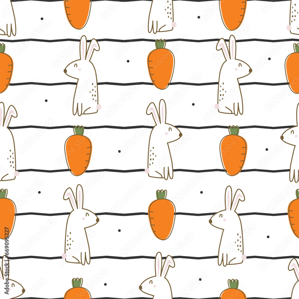 Seamless baby pattern Rabbit and carrot on notebook pattern background Hand drawn design in cartoon style. For baby clothes, wallpaper, decoration