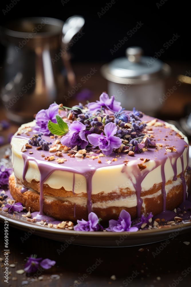 Cheesecake decorated with edible flower.