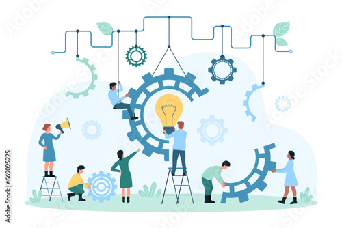 Work process on digital creative idea and innovation vector illustration. Cartoon team of tiny people holding parts of machine, characters put light bulb inside gear together, research tech solutions