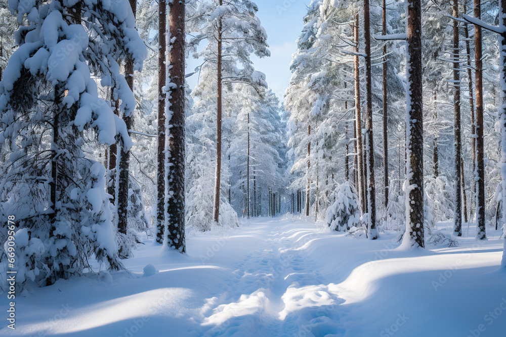 Snowy forest paradise, a world of serene beauty, winter charm Snowy forest paradise, a world of serene beauty, winter charm