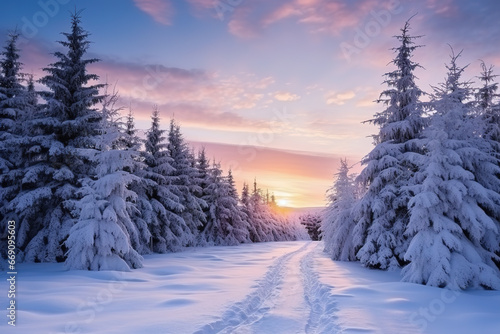 Snowy forest paradise, a world of serene beauty, winter charm photo