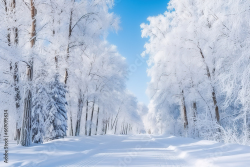 Snowy forest paradise, a world of serene beauty, winter charm © IonelV