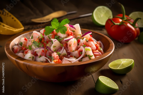Delicious shrimp ceviche with vegetables, spices, onions and lime photo