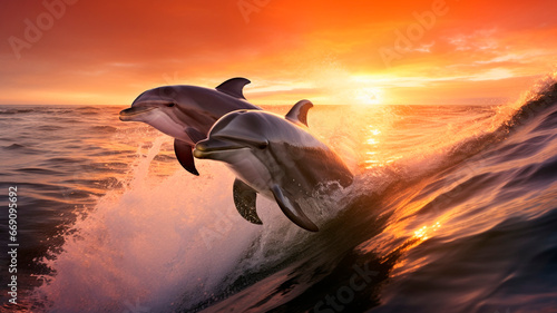 two dolphins leaping out of a rising wave. Generative AI © Yuriy Maslov