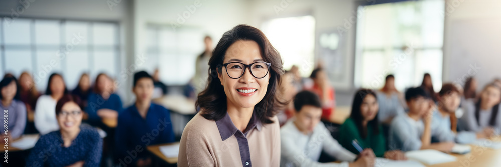 Asian woman highschool teacher smile portrait in classroom with student - obrazy, fototapety, plakaty 