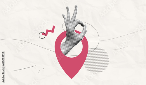 Trendy Halftone Collage Hand shows okay inside location pin. Delivery route. Contemporary art with position element. Travel way and find trip. GPS point navigation. Vector illustration photo