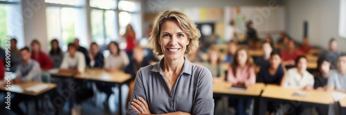 Caucasian woman highschool teacher smile portrait in classroom with student