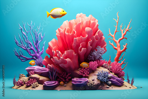 3D illustration of bright multi-colored coral reefs on a blue background  generated ai