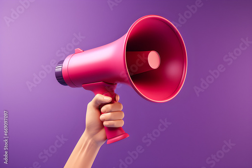 3D illustration of a female hand with a bright pink megaphone delivering information, generated ai © Виталий Сова
