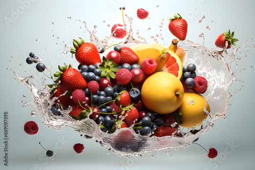 3D illustration of fruits and berries falling with splashes of water on a dark background  generated ai