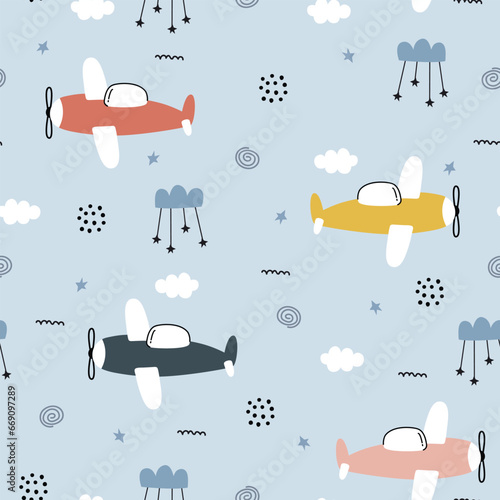 Plane with sky baby seamless pattern hand drawn cute cartoon background for kid