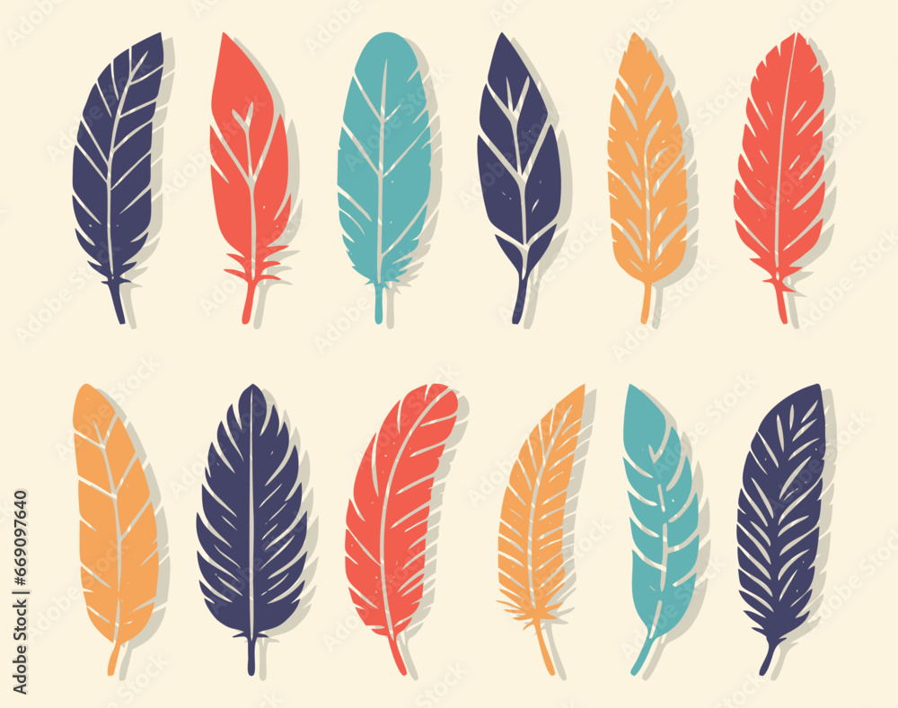 Colorful bird feathers set icon. Feather silhouette. Plumelet flat collection. Vintage pen for calligraphy. Vector isolated on white Colorful bird feathers set icon. Feather silhouette. Plumelet flat collection. Vintage pen for calligraphy. Vector isolated on white