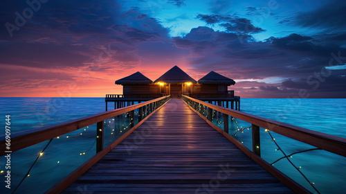Fotografia a wooden pier leading to the hut on the beach