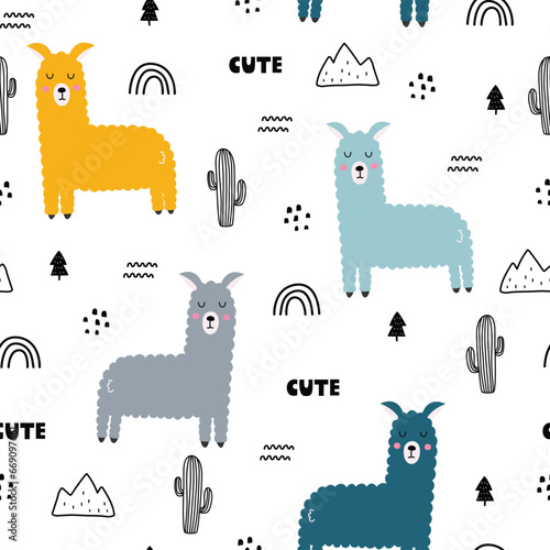Cartoon animal background for kids seamless pattern baby with llama and cactus  Children style hand drawn design. Used for fabric, textile, wallpaper print, decoration