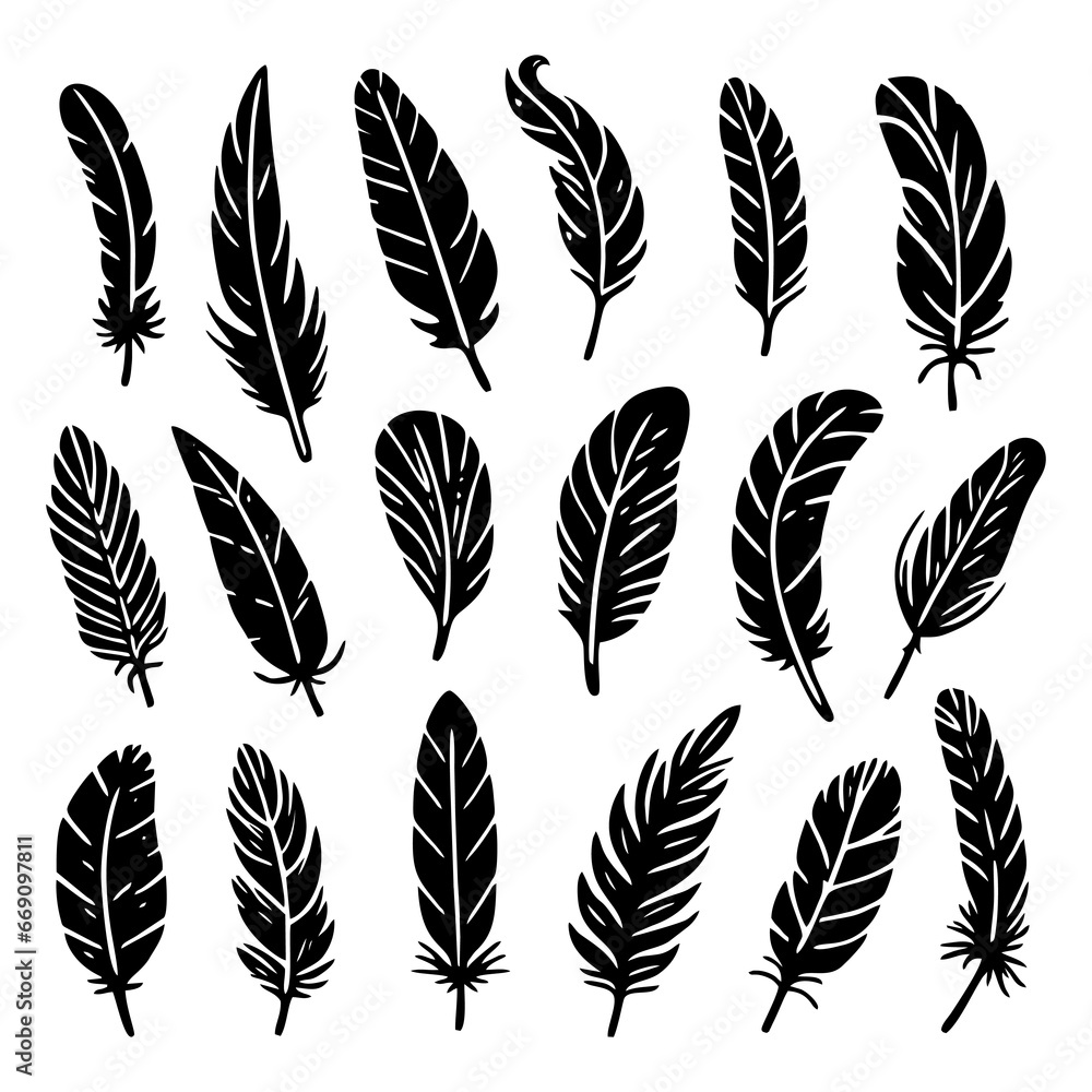 A collection of bird feathers set icon. Feather silhouette. Vintage pen for calligraphy. Plumelet collection. Vector isolated on white A collection of bird feathers set icon. Feather silhouette. Vintage pen for calligraphy. Plumelet collection. Vector isolated on white