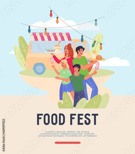 Food festival and street fair banner or poster design with family enjoy delicious culinary delights, flat vector illustration. Food fairs, festivals, and street food events banner or poster.