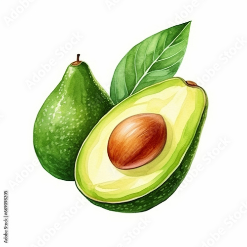 Avocado fruit art drawn watercolor paint on white for food dient design. Generated AI photo