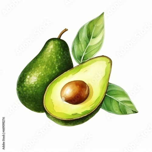 Avocado fruit art drawn watercolor paint on white for food dient design. Generated AI photo