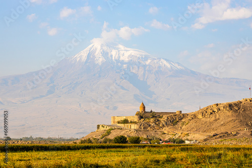 Mount Ararat and Khor Virap monastery in Armenia on sunny autumn day photo