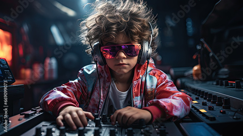 cute dj kid wearing headphone and mixing, generative ai photo