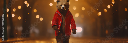 Actor dressed as bear walks avenue of park on background