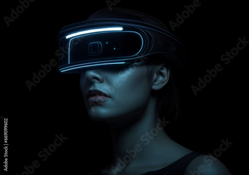 Generative AI fantasy illustration of headshot of serious woman with glowing neon colors clothes in virtual reality headset on dark background © design