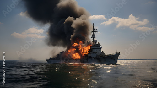 burning damaged small warship at sea during the day