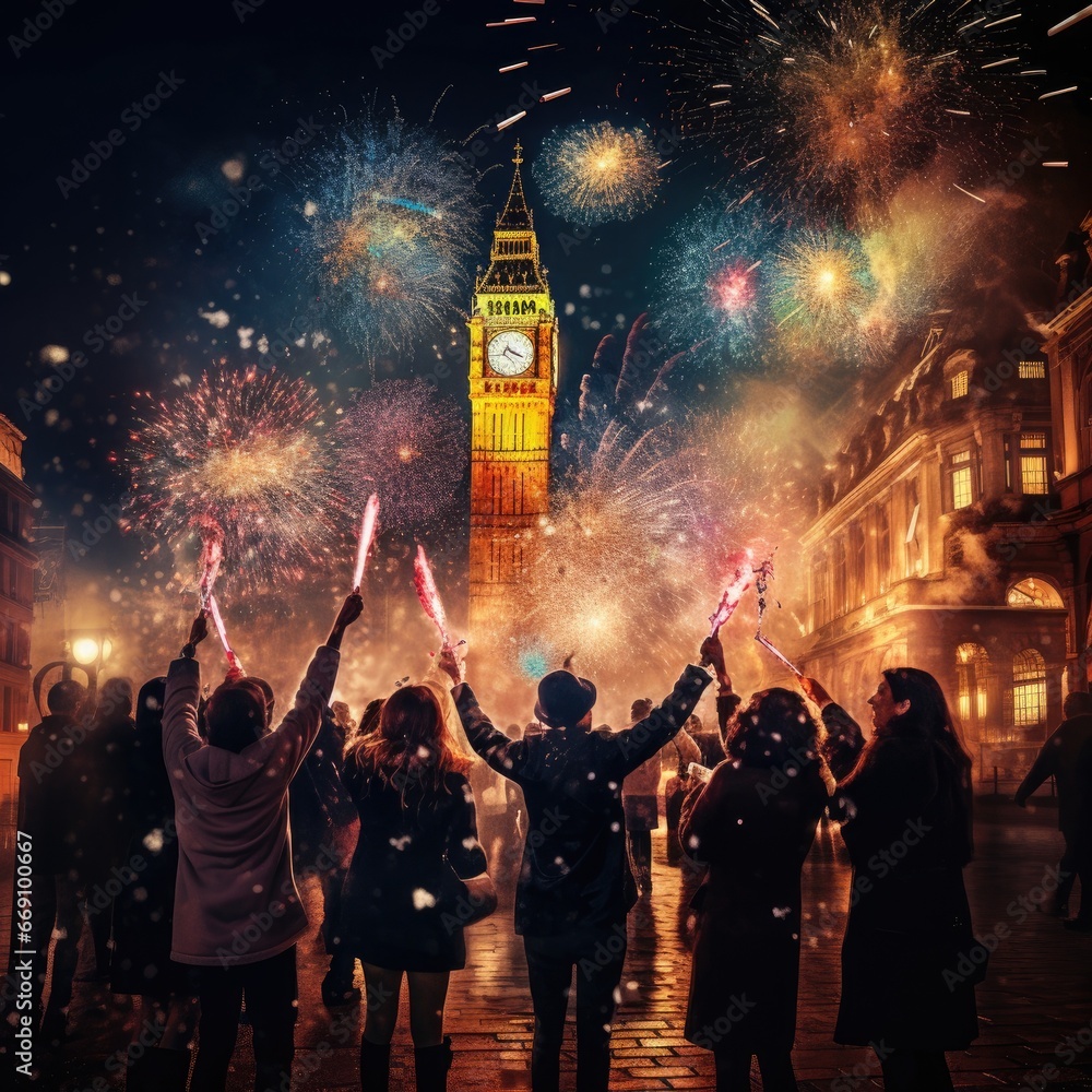 Fototapeta premium Colorful Fireworks Illuminate Night Sky in Exciting New Year's Eve Celebration