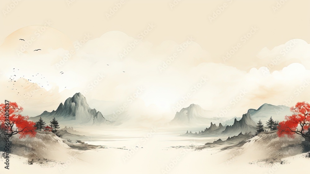 Template Background Chinese Ink Art Landscape Painting Ancient History of China Wallpaper Wuxia Online Game Style - obrazy, fototapety, plakaty 
