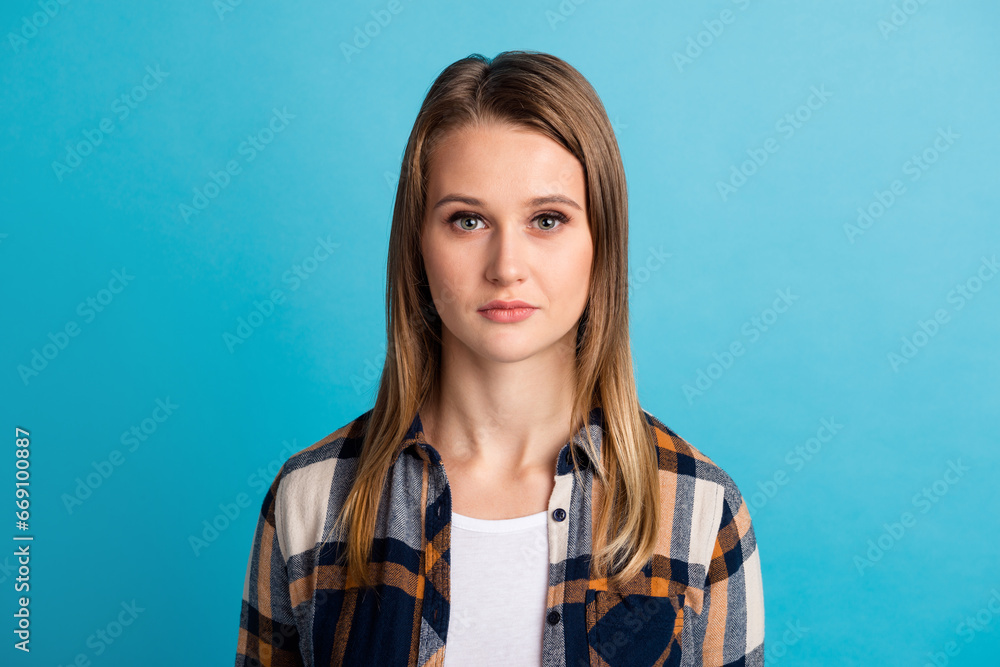 Photo of adorable positive lady wear shirt isolated yellow color background Photo of adorable positive lady wear shirt isolated yellow color background
