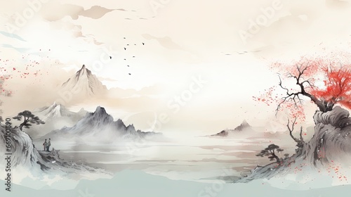 Template Background Chinese Ink Art Landscape Painting Ancient History of China Wallpaper People Couple Family Wuxia Online Game Style 16:9