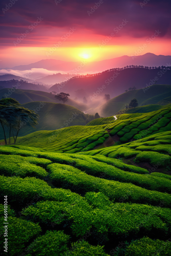 Tea Plantation Landscape at Sunrise 