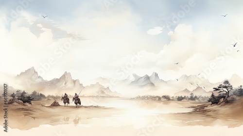 Template Background Chinese Ink Art Landscape Painting Ancient History of China Wallpaper Merchants Riding on Horses Wuxia Online Game Style