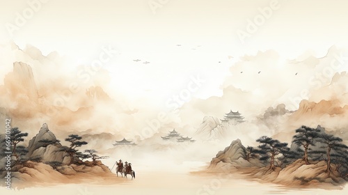 Template Background Chinese Ink Art Landscape Painting Ancient History of China Wallpaper Merchants Riding on Horses Wuxia Online Game Style 16:9 photo