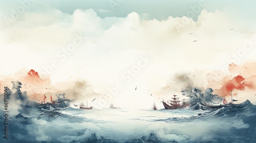 Template Background Chinese Ink Art Landscape Painting Ancient History of China Wallpaper Marine War Wuxia Online Game Style photo