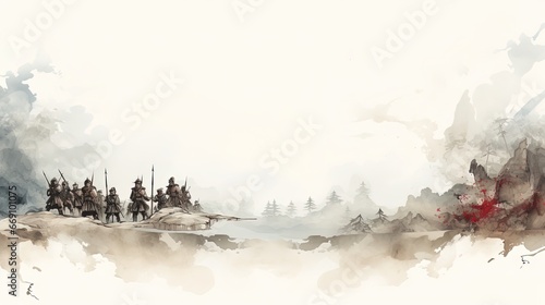 Template Background Chinese Ink Art Landscape Painting Ancient History of China Wallpaper War Battlefield Soldiers Trade Wuxia Online Game Style photo