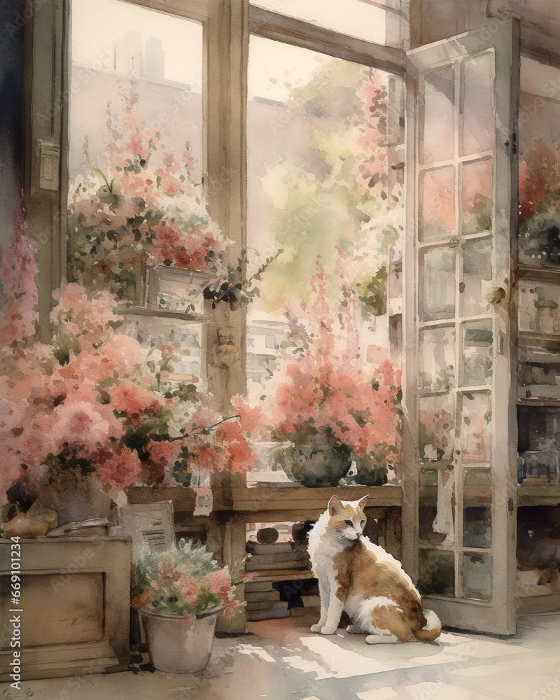 Vintage painting of cat sitting in front of the window and looking at flowers