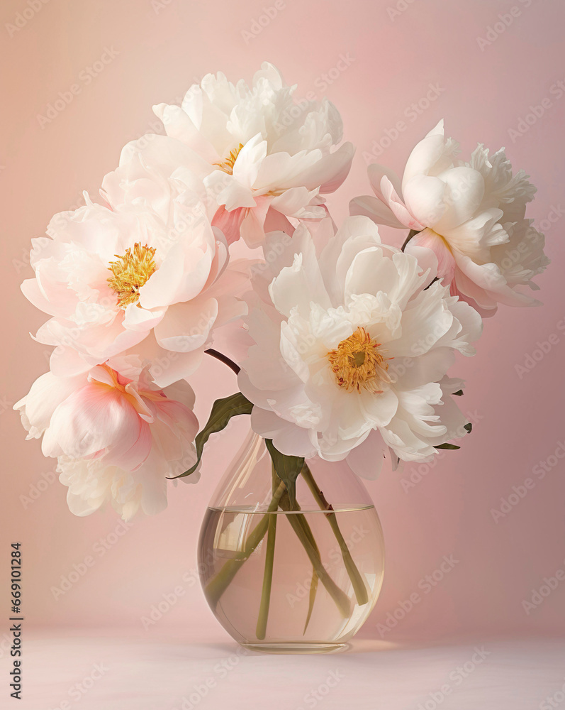 White bouquet of peonies in a vase on a pink background. White bouquet of peonies in a vase on a pink background.