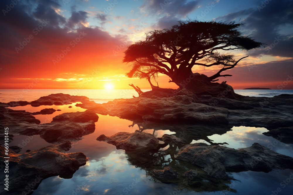Image of an evening shot with the setting sun and large trees. Nature.