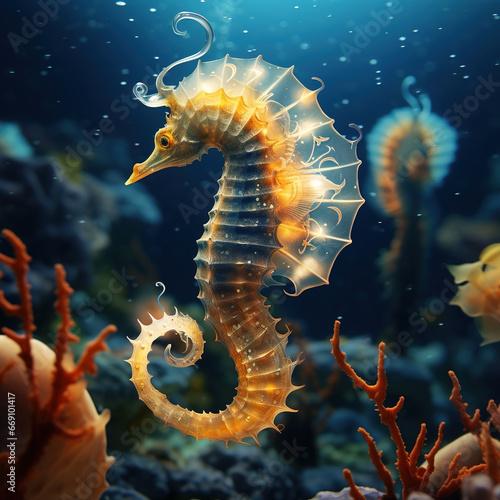 Image of seahorses in under sea and beautiful corals. Undersea animals.