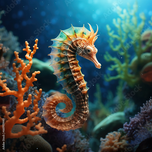 Image of seahorses in under sea and beautiful corals. Undersea animals.
